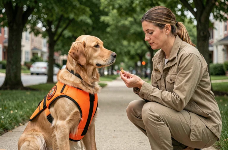 Chien d'assistance golden retriever en gilet orange assis devant sa dresseuse lors d'une séance d'entraînement en extérieur