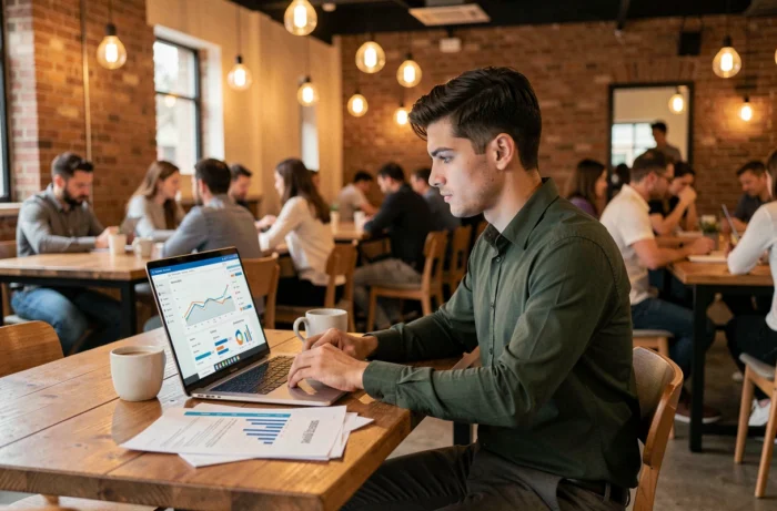 Entrepreneur analysant des données de vente B2B sur son ordinateur portable dans un espace de coworking moderne