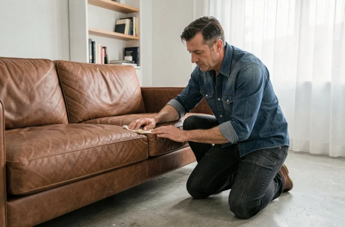Homme entretenant un canapé en cuir avec du fiel de bœuf dans un salon contemporain minimaliste