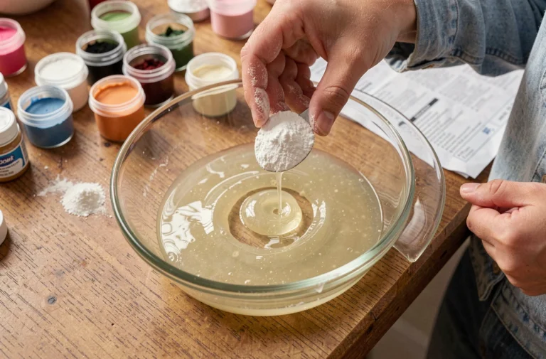 Mains ajoutant de la fécule de maïs dans un slime trop liquide pour l'épaissir, avec des fournitures de bricolage sur une table en bois