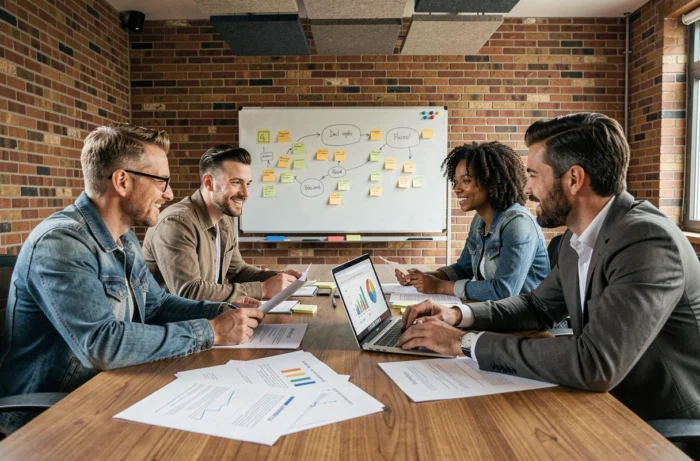 Équipe d'une agence marketing B2B en réunion stratégique autour d'une table de conférence avec documents et graphiques de croissance