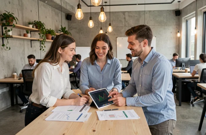 Groupe de jeunes professionnels collaborant sur des analyses boursières dans un espace de coworking moderne