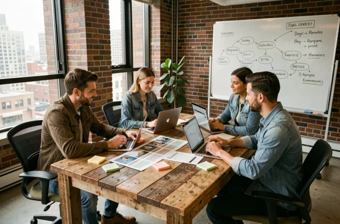 Équipe marketing multiculturelle collaborant sur des stratégies digitales 2024 autour d'une table de réunion
