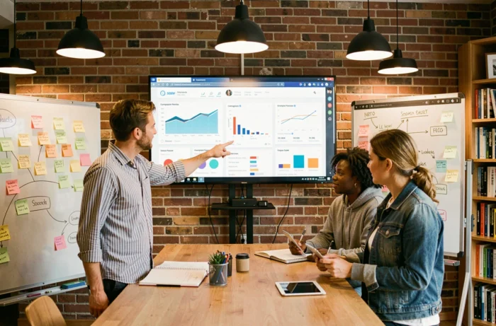 Équipe de professionnels du marketing digital collaborant autour d'un écran affichant des métriques de réseaux sociaux et SEO