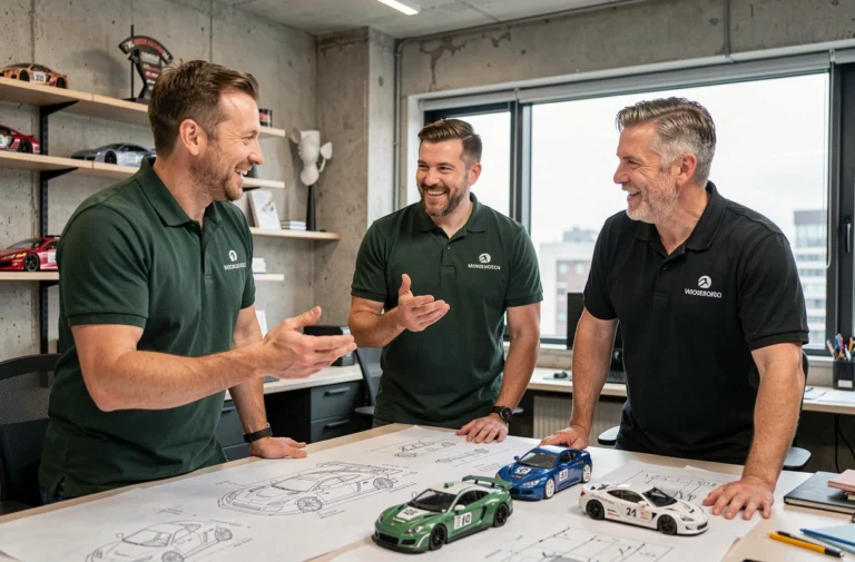 Équipe passionnée de Redracing Green en discussion autour d'un bureau de conception automobile