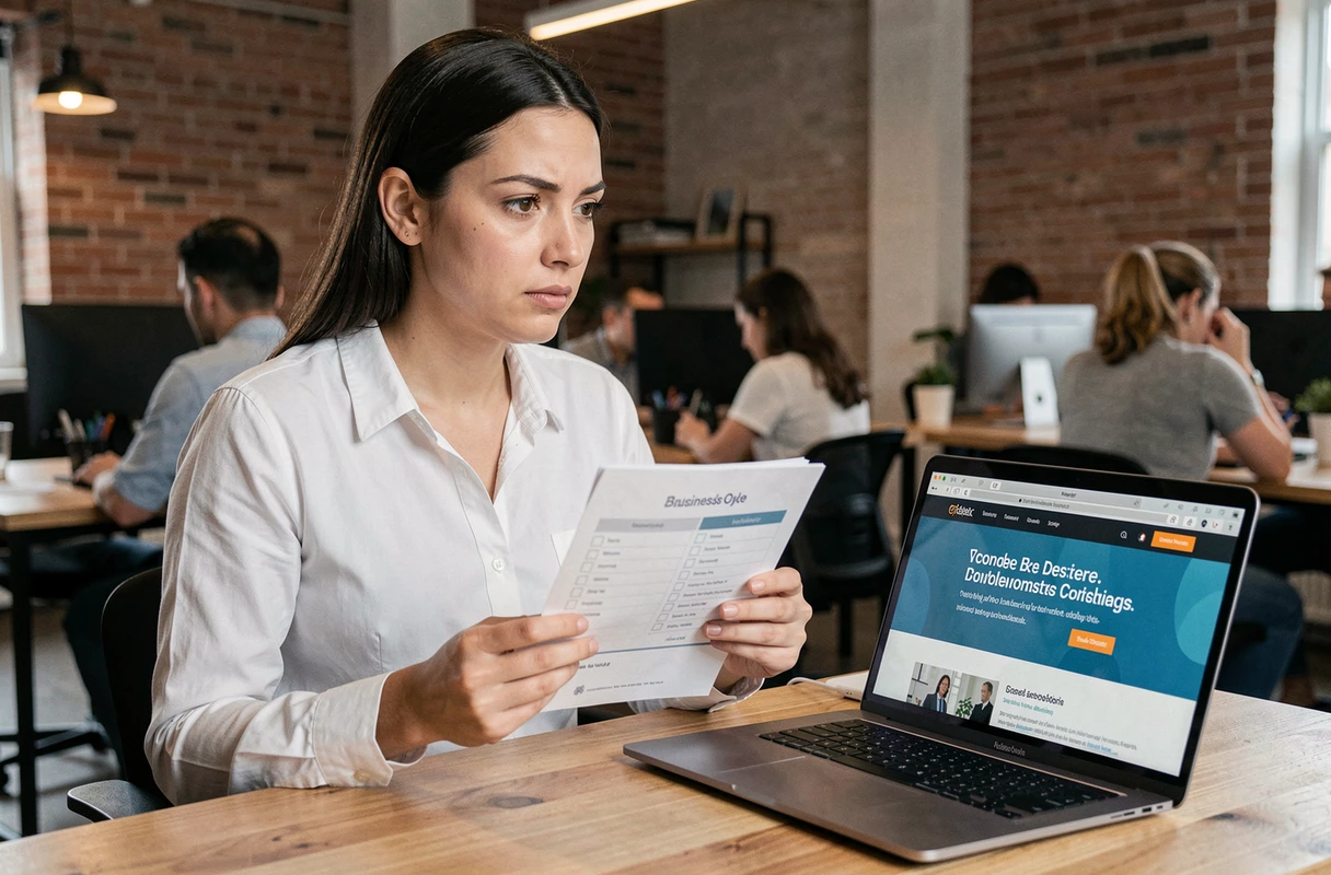 Femme évaluant une formation en ligne e-commerce dans un espace de coworking avec checklist imprimée