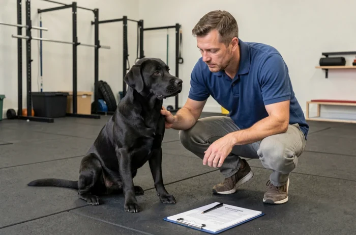 Labrador noir évalué par un comportementaliste canin dans un centre de formation pour chiens d'assistance