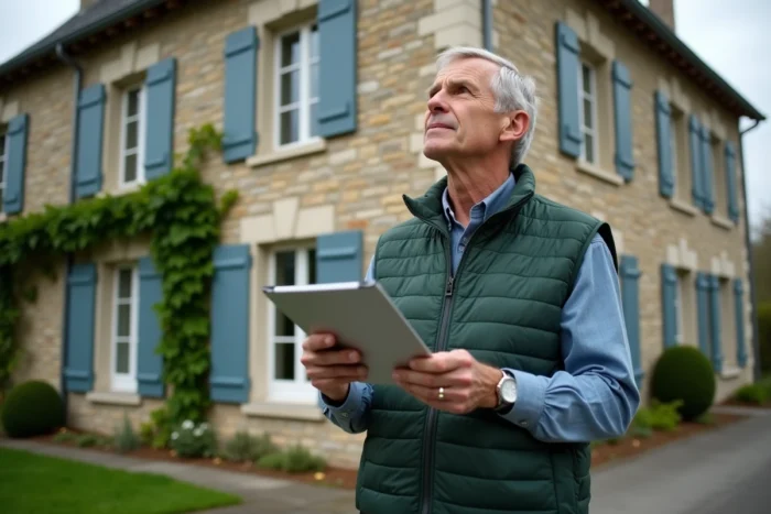 Expert immobilier évaluant la façade d'une maison en pierre traditionnelle pour en estimer le prix de vente