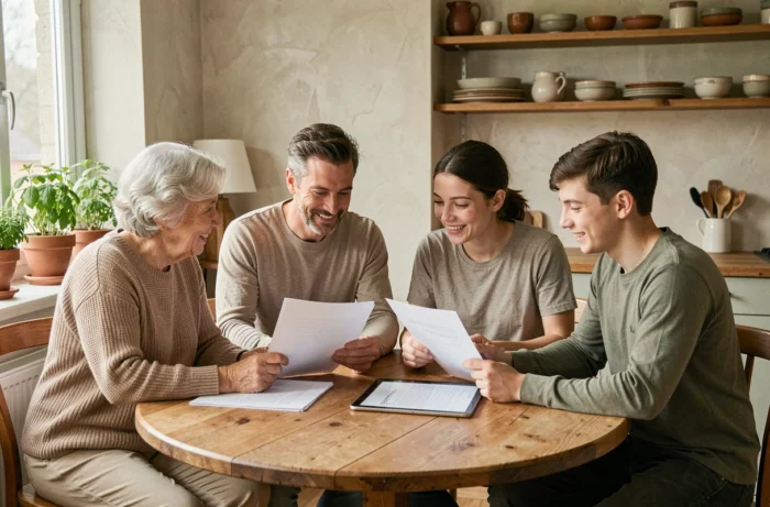 Famille multigénérationnelle partageant des témoignages et ressources autour d'une table de cuisine