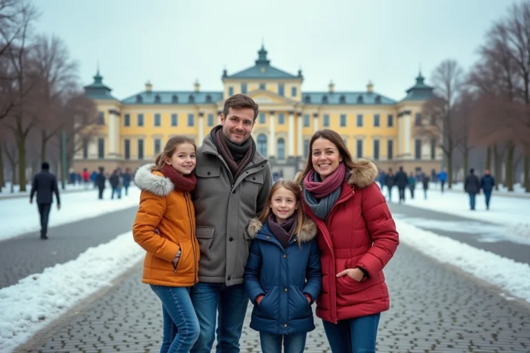 Famille en vacances scolaires devant le château de Schönbrunn à Vienne en hiver avec de la neige légère