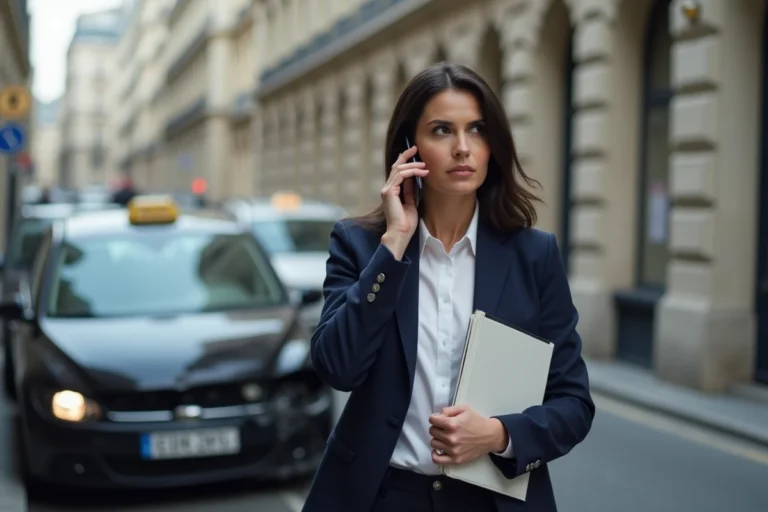Femme tenant des documents après un accident de voiture à Paris, en train d'appeler son assurance sur le trottoir