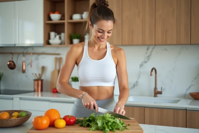 Femme préparant des légumes frais dans une cuisine moderne pour adopter une alimentation saine contre le stress