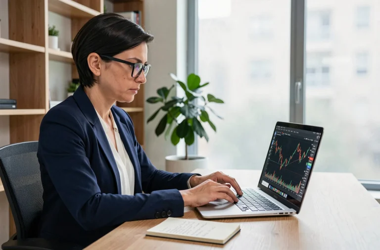 Femme professionnelle analysant des graphiques boursiers sur un ordinateur portable dans un bureau moderne