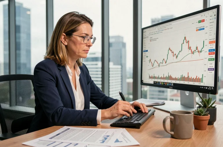 Femme professionnelle analysant des graphiques boursiers sur écran dans un bureau moderne avec vue sur la ville