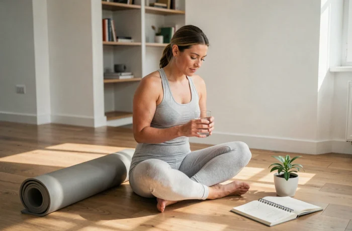 Femme pratiquant la pleine conscience chez elle avec un verre d'eau et un journal de santé, illustrant le bien-être au quotidien