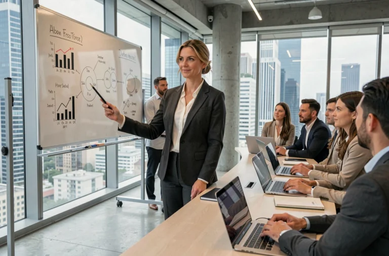 Femme cadre dirigeante présentant une stratégie B2B sur un tableau blanc dans une salle de réunion moderne en entreprise
