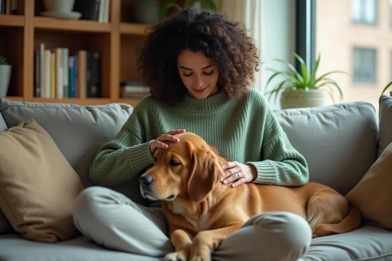 Femme souriante caressant son golden retriever sur un canapé gris dans un salon chaleureux, illustrant le lien entre propriétaire et animal de compagnie
