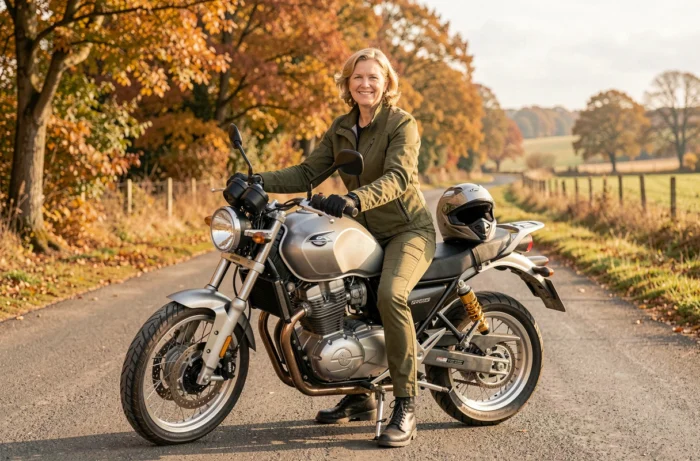 Femme d'une cinquantaine d'années assise sur une moto adventure sur une route de campagne en automne, équipée d'une veste textile verte