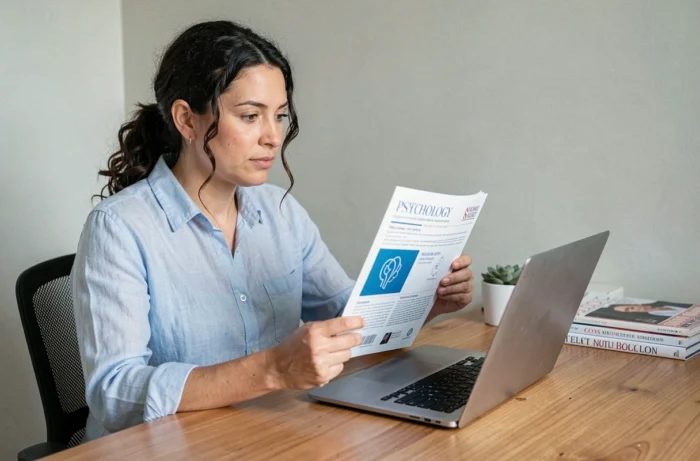Femme comparant abonnement et achat au numéro pour un magazine de psychologie sur son ordinateur à domicile