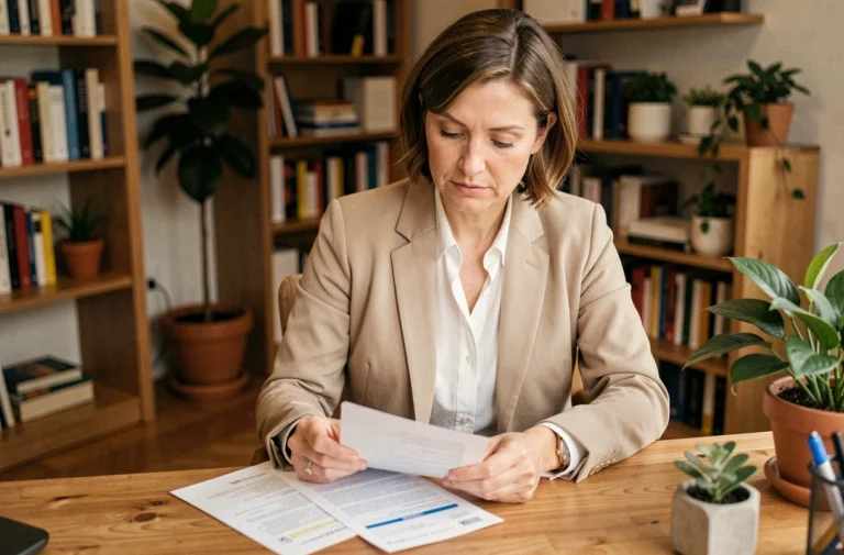 Femme comparant des documents de mutuelle santé à son bureau à domicile