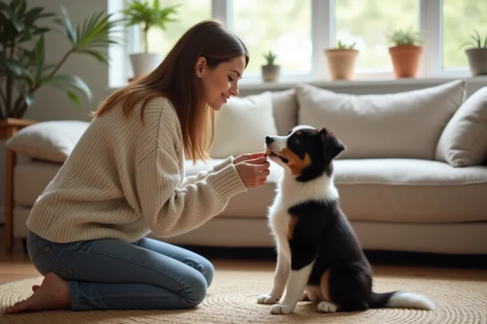 Jeune femme en pull tricoté entraînant un chiot border collie avec une friandise dans un salon confortable