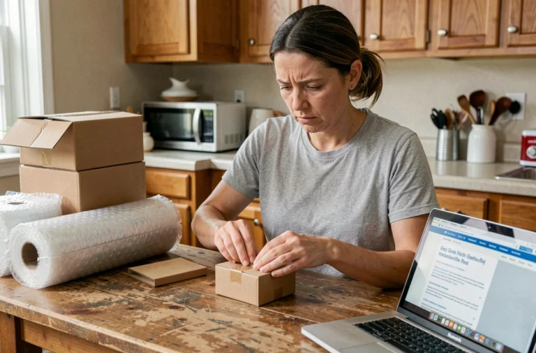 Femme à domicile qui emballe des cartons dans sa cuisine, illustrant le travail d'emballage à domicile