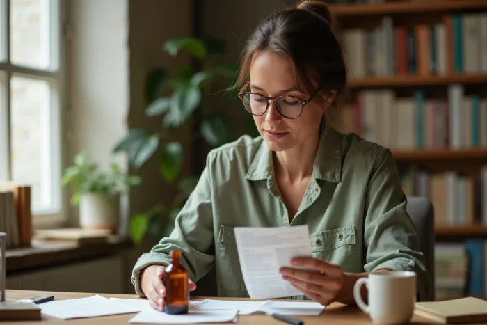 Femme évaluant les tarifs et l'efficacité du produit Luvly à son bureau à domicile