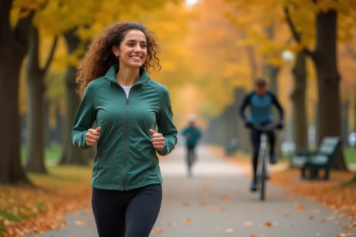 Femme faisant du jogging dans un parc en automne pour éliminer les kilos liés au stress et retrouver la forme