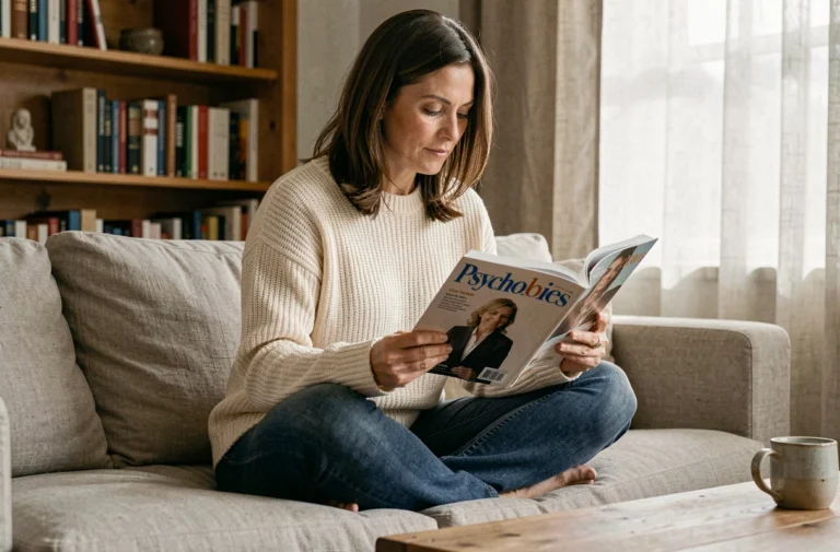 Femme lisant Psychologies Magazine confortablement installée sur un canapé en lin dans un salon chaleureux