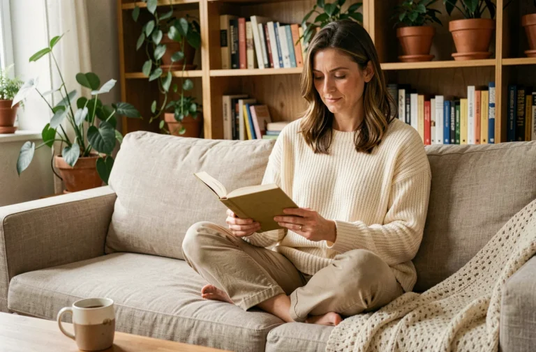 Femme lisant un livre de ressources familiales dans un salon chaleureux et cosy