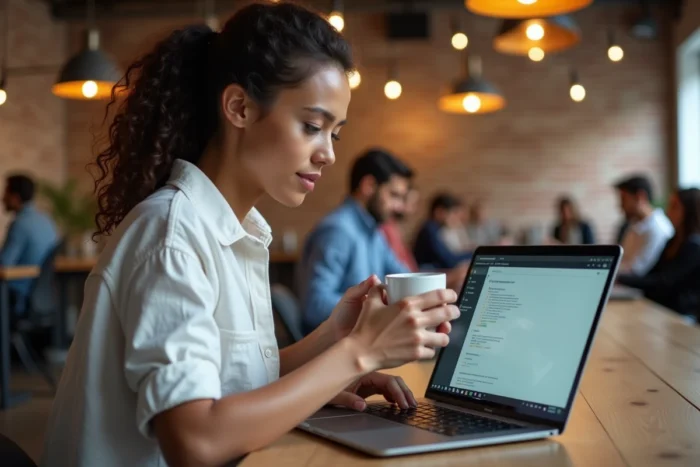 Femme utilisant une distribution Linux ressemblant à Windows dans un espace de coworking