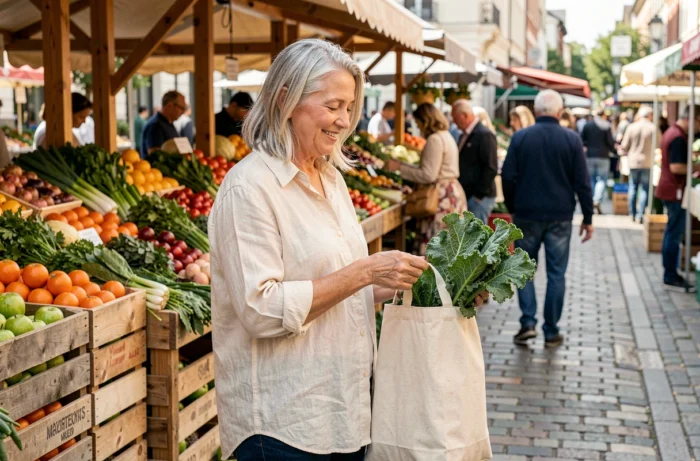 Femme d'une cinquantaine d'années faisant ses courses au marché fermier avec des légumes frais, illustrant une alimentation saine et équilibrée pour le bien-être