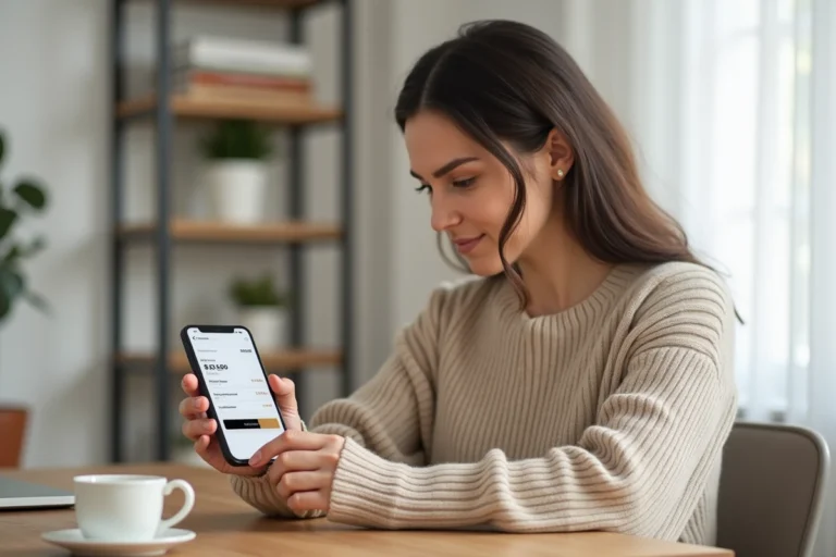 Femme utilisant son smartphone pour payer en plusieurs fois sur une application de mode en ligne comme Zalando