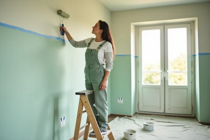 Femme peignant un mur intérieur avec un rouleau lors de travaux de rénovation à la maison