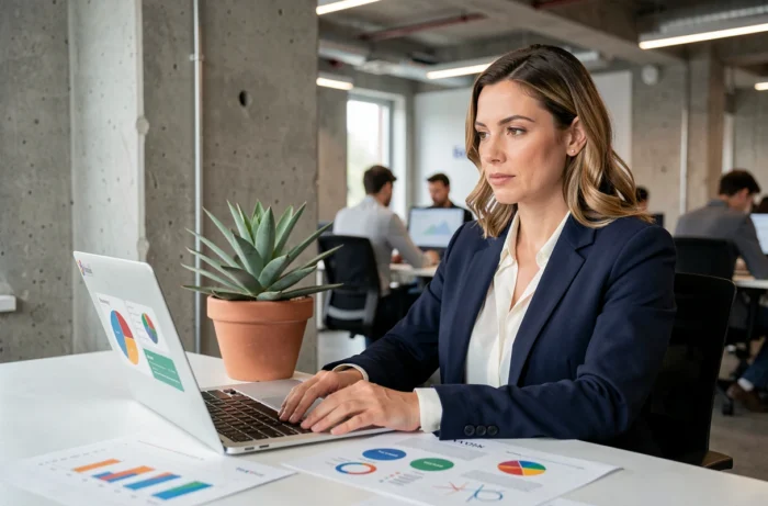 Femme professionnelle analysant des tableaux de bord de marketing digital sur un ordinateur portable dans un bureau moderne