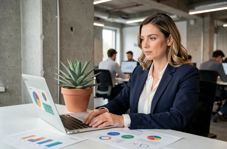 Femme professionnelle analysant des tableaux de bord de marketing digital sur un ordinateur portable dans un bureau moderne