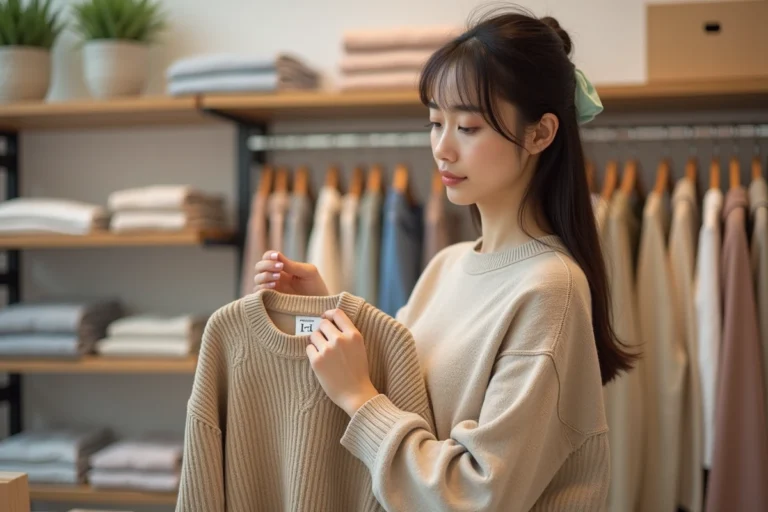 Femme tenant un pull taille L dans une boutique de vêtements moderne, examinant l'étiquette de taille