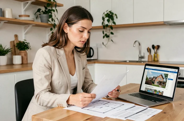 Femme consultant des plans immobiliers et annonces de logement sur une table en bois dans un appartement moderne