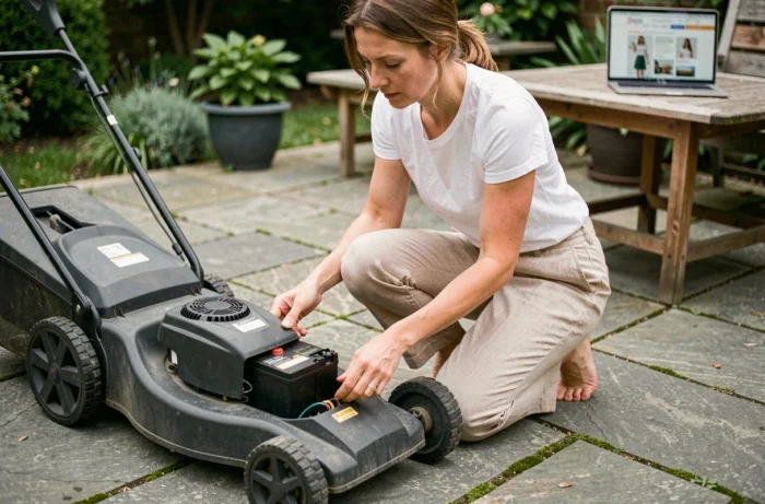 Femme comparant les prix de tondeuses électriques en ligne avant achat, guide tarifs tondeuse 2024