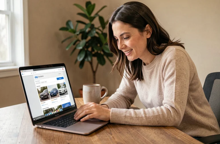 Femme consultant des annonces de voitures d'occasion sur un ordinateur portable dans un bureau à domicile