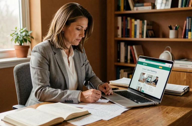 Femme en reconversion professionnelle prenant des notes dans son bureau à domicile, entourée de livres et d'un ordinateur portable ouvert sur un site de planification de carrière