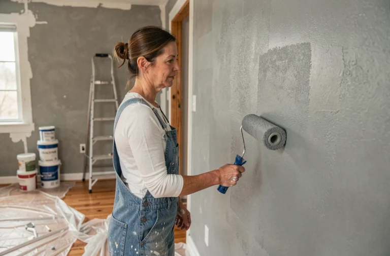 Femme en salopette appliquant de la peinture grise sur un mur lors de travaux de rénovation intérieure