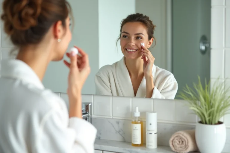 Femme appliquant un sérum de soin Luvly sur son visage devant un miroir de salle de bain