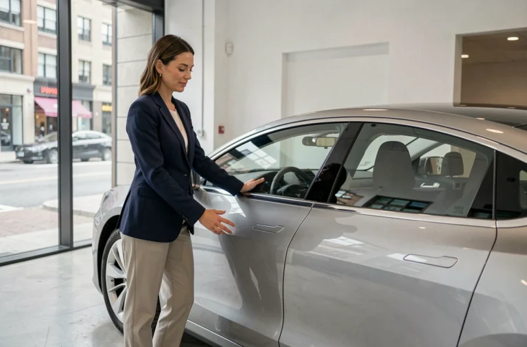 Femme examinant une voiture électrique moderne dans un showroom automobile contemporain en 2024