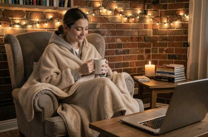 Jeune femme seule installée dans un fauteuil avec une tasse de thé pour une soirée télé cosy en appartement