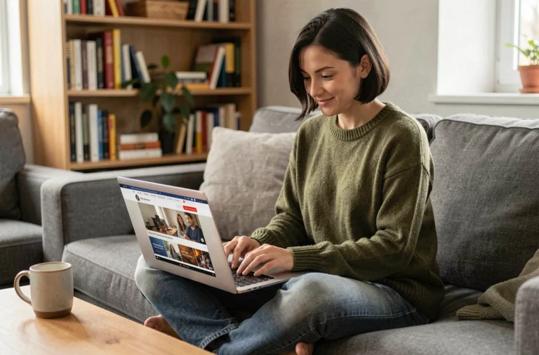 Femme naviguant sur le nouveau site officiel de streaming 1jour1film en 2026 depuis son canapé