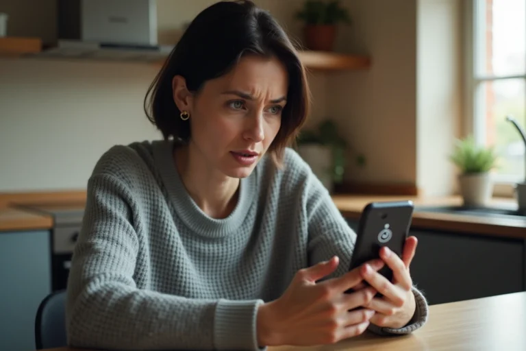 Femme tenant un Samsung Galaxy bloqué avec écran de verrouillage PIN affiché, assise dans une cuisine moderne