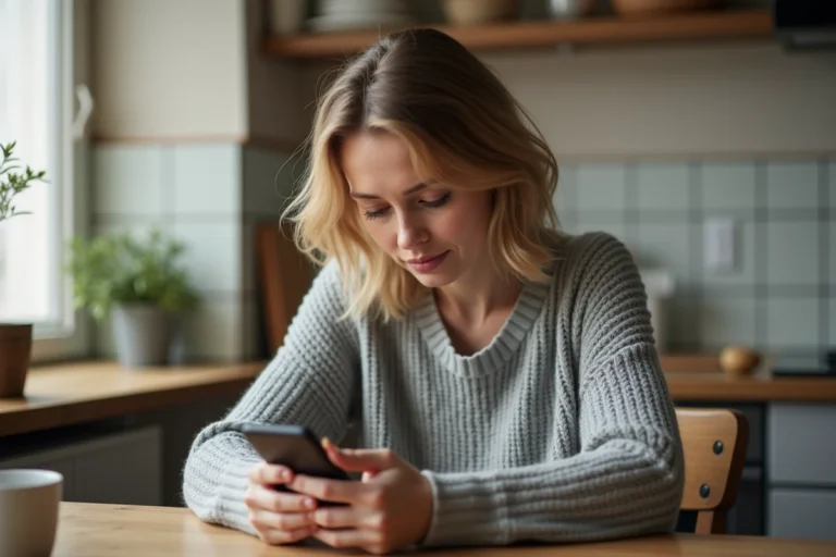 Femme vérifiant l'arrivée d'un virement CAF sur son application bancaire depuis son appartement