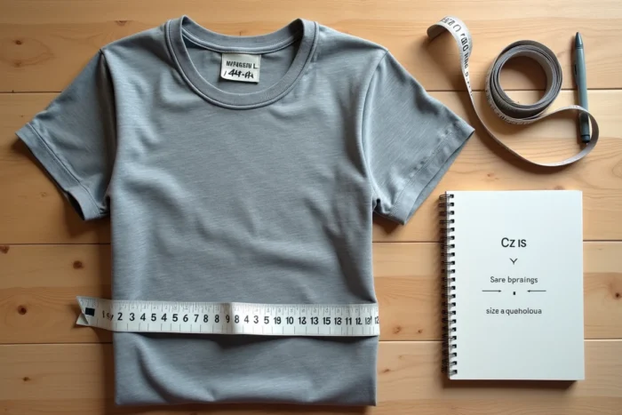Plat posé d'un t-shirt taille L avec étiquette de taille, mètre ruban et guide des équivalences de tailles