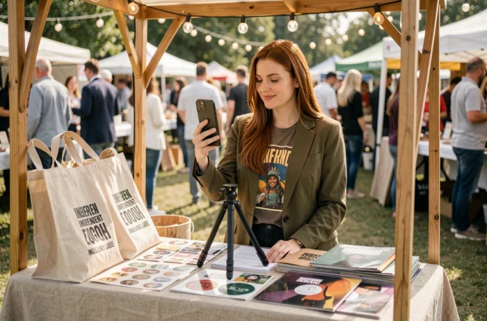 Fondatrice de label indépendant filmant un contenu de marque musicale dans un marché créatif en plein air